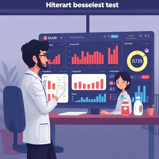 animated illustration of an AI assistant analyzing blood test results, dashboard-style UI elements like charts and lab icons (CBC, cholesterol, vitamin D)