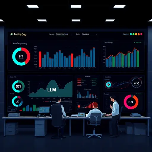 animated illustration of an AI testing lab dashboard, showing abstract charts for accuracy, recall, F1 and latency; icons representing LLM and computer vision;