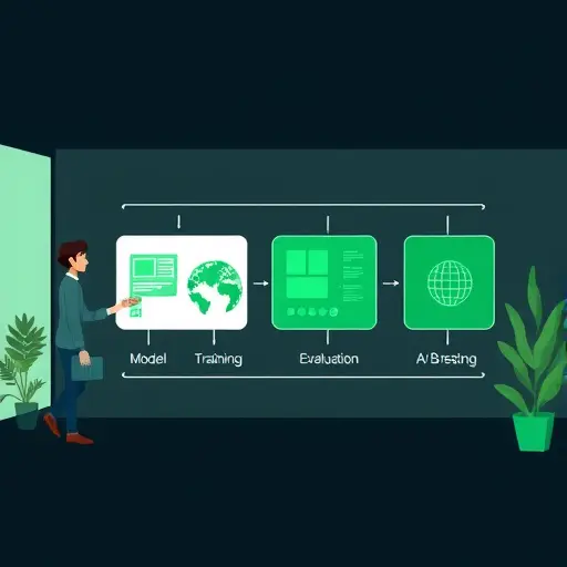 illustration of AI experiment workflow, steps labeled: data collection, model training, evaluation, A/B testing;