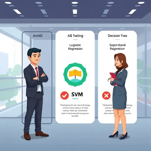 illustration of A/B testing cards comparing supervised learning models (Logistic Regression, SVM, Decision Tree, KNN) with metrics badges; clean tech style, no text