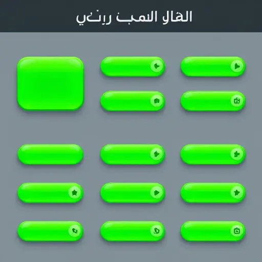 CTA button variations illustration: multiple rounded buttons with different green shades, hover effects, subtle shadows; abstract placeholders; professional dark UI; text-free