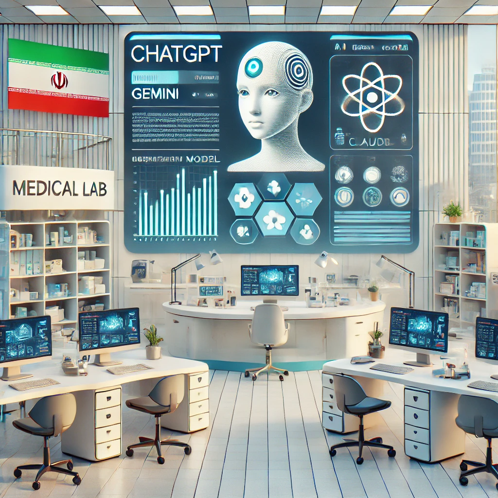 technology illustration showing three AI model icons (ChatGPT, Gemini, Claude) in a medical lab context, web dashboard sample, cartoon style, text-free