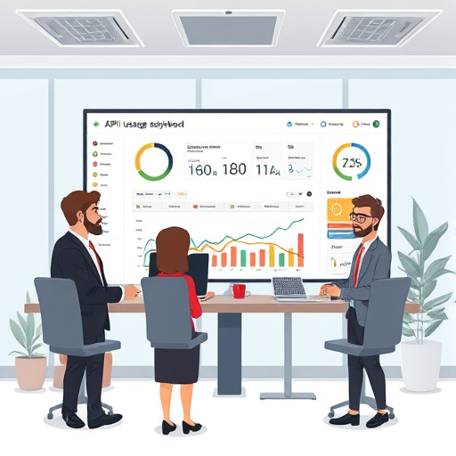 cartoon style illustration of API usage dashboard showing real-