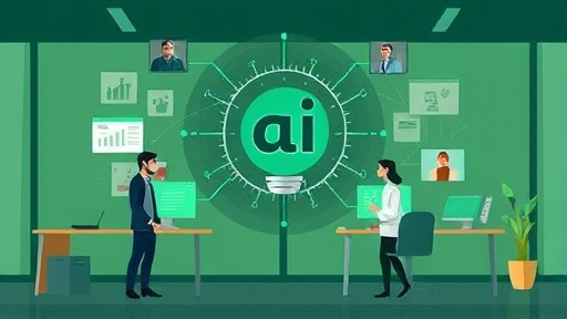abstract AI symbol merging with website elements, cartoon style, green and dark theme, minimalist, text-free
