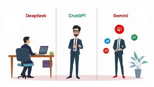 comparison chart illustration: DeepSeek vs ChatGPT vs Gemini, cartoon style, AI icons, gradient background, text-free