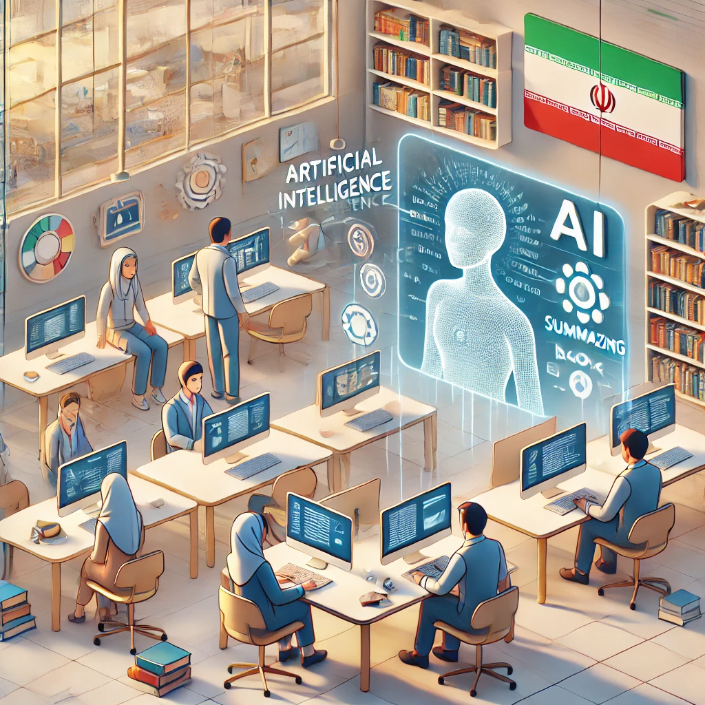animated illustration showing artificial intelligence algorithms summarizing books and educational materials, clean cartoon style, bright tech environment, text-free