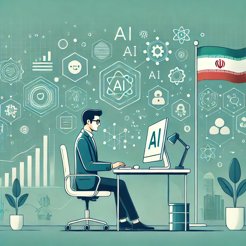 illustration of an Iranian student using a computer with AI symbols, green-