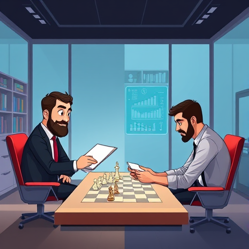 animated illustration, side-by-side comparison of a traditional chess lesson (books/instructor) vs AI-