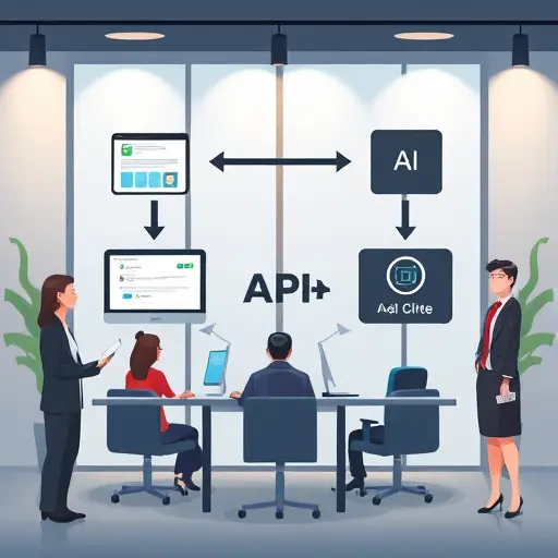 visual API request/response flowchart, animated arrows showing website sending request to AI API, AI processing and returning JSON answer, text-