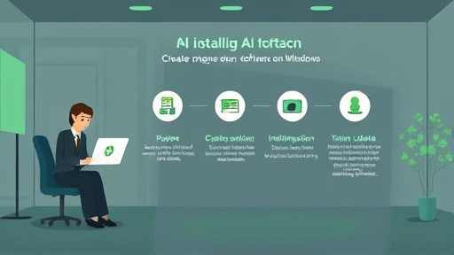 step-by-step animated guide for installing AI software on Windows, icons for download, installation, and system update, clean tech cartoon, accent green, no text