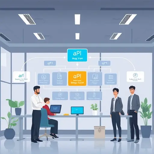 modern API architecture diagram illustration, animated data flow between client, Iranian-
