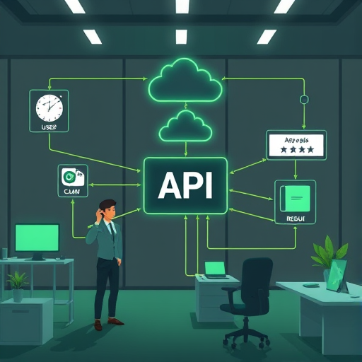modern API architecture diagram illustration, animated data flow from software app to Gemini API cloud and back, nodes labeled as 