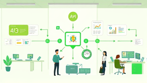 modern animated illustration of data mining workflow using AI API, cartoon style, showing flow from data input, through API, to various analytical outputs, green accent colors, text-free, no real people
