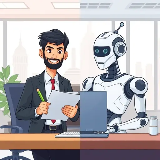 comparison illustration between traditional logo design (pencil and sketchbook) and AI logo design (robot and computer), half-and-