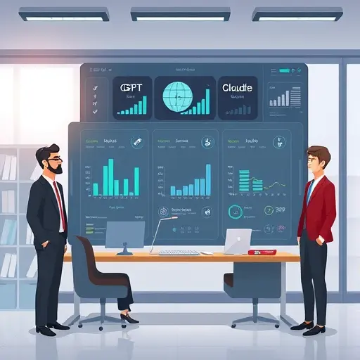 comparison dashboard illustration of three AI models (abstract icons representing GPT, Claude, Gemini)