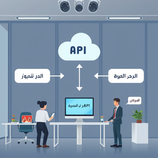 modern API connection flow diagram, animated arrows showing software app to GapGPT cloud API, with Farsi text bubbles as input/