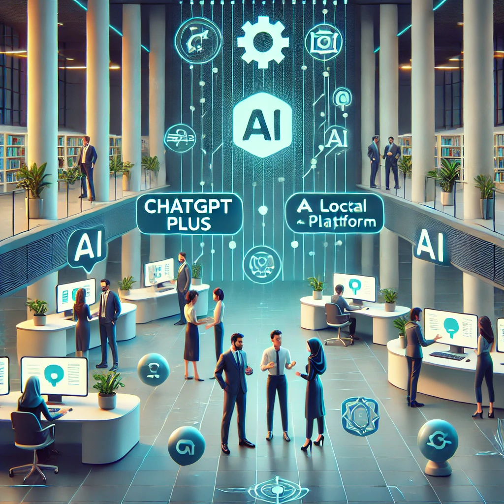 futuristic Iranian technology hub with animated AI icons, users comparing ChatGPT Plus and an all-in-one local AI platform, cheerful, no text
