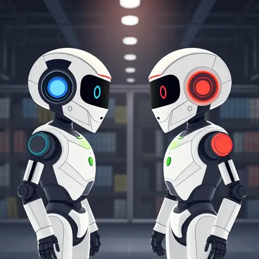 cartoon style comparison between two AI robots, one with Google logo colors and one generic, facing each other, technology background, no text