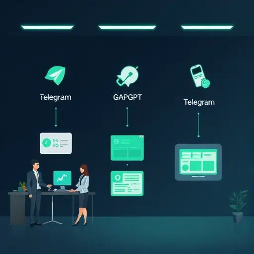 diagram style illustration showing Telegram -> Webhook Server -> GapGPT AI API -> Generated content ->