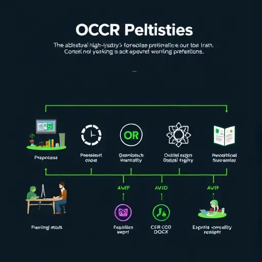abstract step-by-step flow of OCR pipeline, icons for preprocess, OCR engine, postprocess, export to CSV/