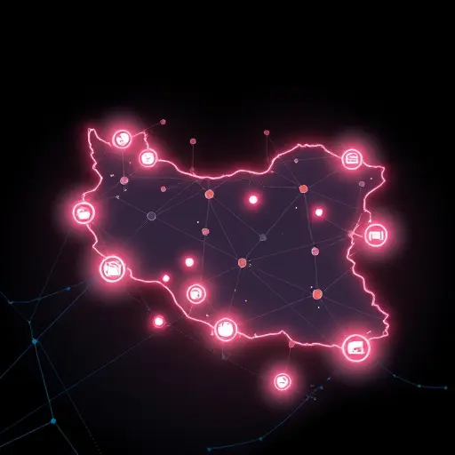abstract map of Iran with glowing AI nodes connecting to model icons (ChatGPT, Claude, Gemini), dark tech theme, minimalist illustration, text-free