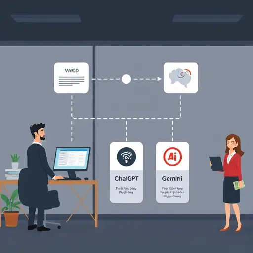 cartoon-style workflow illustration of text, voice, and image inputs flowing into three AI model icons (ChatGPT, Claude, Gemini)