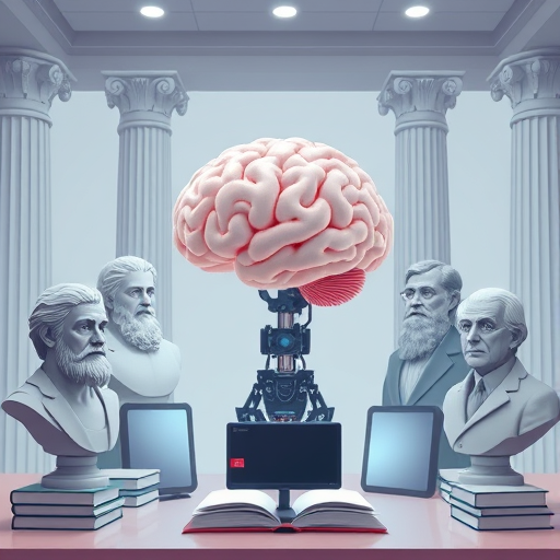 animated illustration of AI brain surrounded by animated busts of famous philosophers (Plato, Aristotle, Kant)
