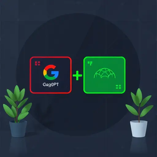 abstract illustration of switching between AI platforms, two minimal panels labeled by icons only (no text), one with Google-