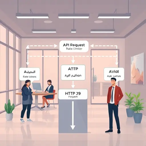 modern API request flow diagram illustrating rate limiting logic with a barrier, with cartoon HTTP error codes (like 429)