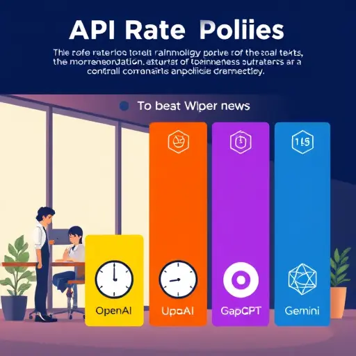 infographic comparing API rate limit policies, colorful cartoon style, vertical bars or clocks, with OpenAI, GapGPT, and Gemini logos as abstract icons, no text
