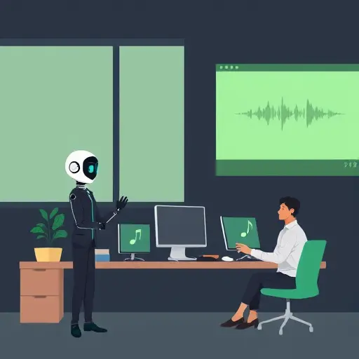 abstract AI assistant helping with audio fade-in and fade-out in a mobile video editor, waveform icons and music notes, minimalist cartoon style, dark background, green accent, text-free