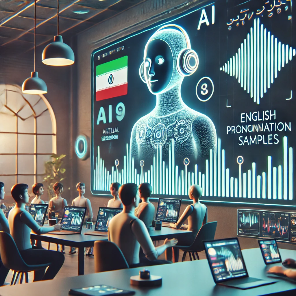 animated illustration of a virtual AI showing sound waves, mobile and desktop devices playing English pronunciation samples, cheerful technology style, text-free