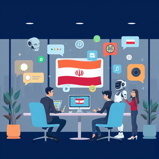 modern illustration showing various AI chatbots assisting users with language learning, abstract tech symbols, colorful and engaging, text-