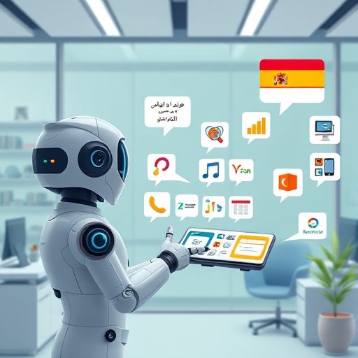 animated scene of AI chatbot presenting Spanish vocabulary flashcards, interactive language icons and speech bubbles, text-