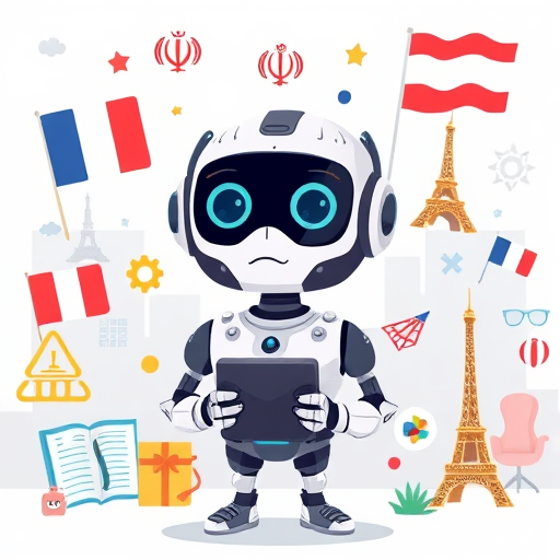 animation of AI chatbot surrounded by French symbols (flag, Eiffel Tower, dictionary)