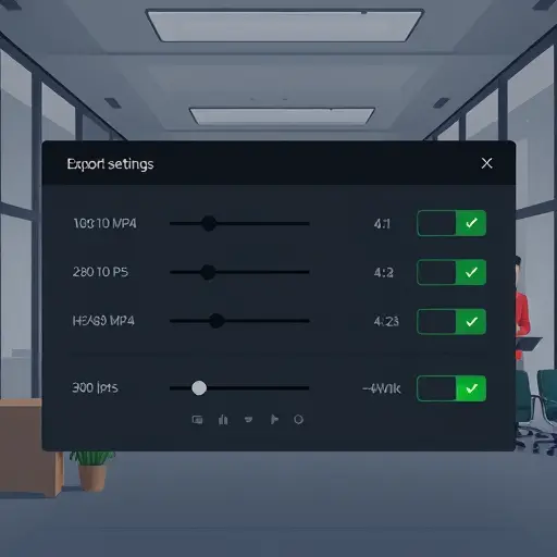 export settings panel illustration for video editor: resolution 1080p/4K, H.264 MP4 icon, 24/30
