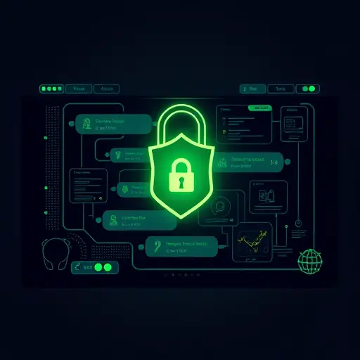 minimalist illustration of cybersecurity lock and shield over an AI chat interface, dark theme, neon green accents matching #94d3a2