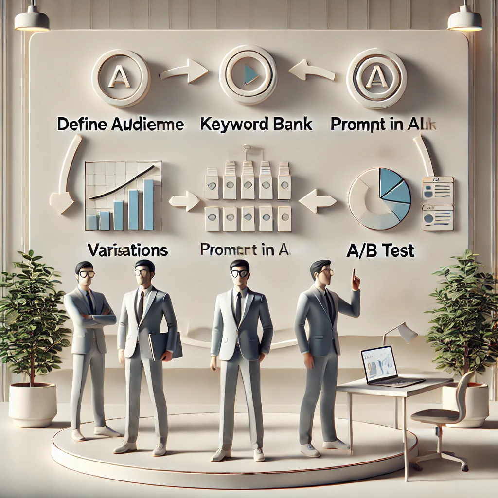 cartoon style workflow diagram showing steps: define audience, keyword bank, prompt in AI, variations, filter, A/B test;