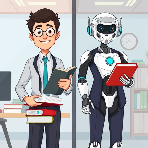 cartoon-style side-by-side comparison, animated student using heavy physics books on one side and AI assistant (symbolic robot) giving fast solutions on the other, clean, tech look, no text