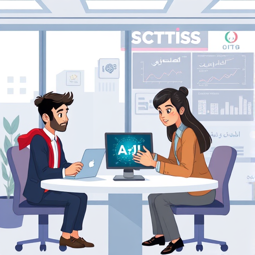 modern cartoon-style illustration of Iranian students using an AI-