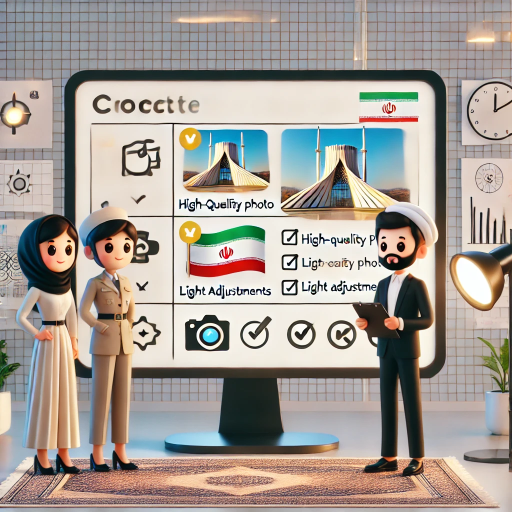 illustration of an anime-style processing checklist, including high-quality photo, simple background, light adjustments, with cute cartoon icons, animated style, no text