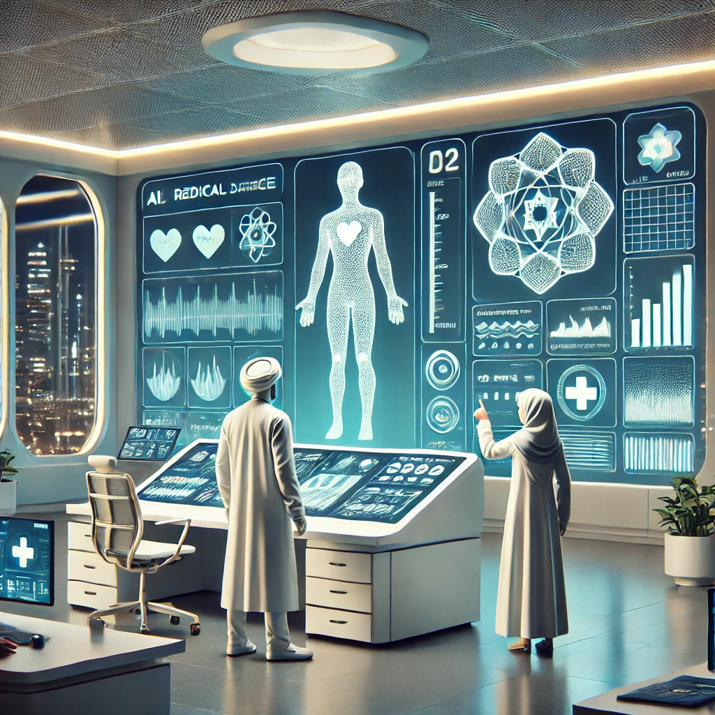 animated medical dashboard, AI robot reviewing charts, doctor and patient receiving digital diagnosis, high-