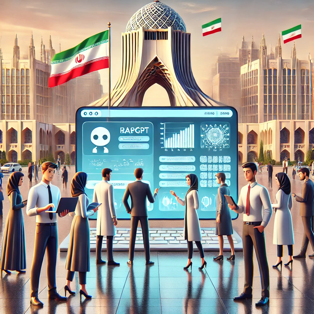 Persian-style illustration showing GapGPT AI platform on different devices, lab test interpretation, animated characters interacting with data, no text