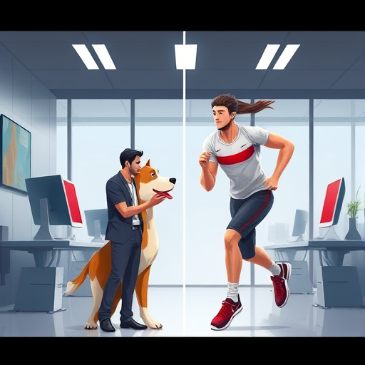 animated illustration showing futuristic AI editing two photos together (a dog and an athlete)