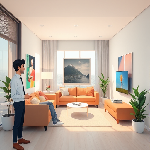modern AI image editor interface, animated demonstration of editing an interior room (changing colors, adding furniture) via AI prompts, clean technology design, text-free
