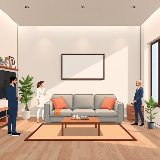 animated GIF concept, AI editing an empty living room by adding paint and a sofa, multi-step prompt, cartoon style, clean UI, no text