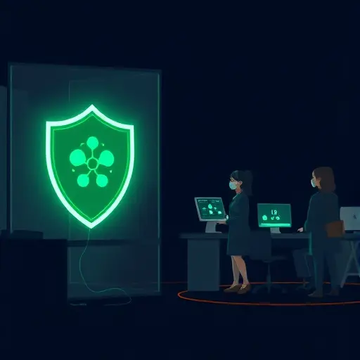 abstract AI safety and healthcare caution illustration, shield and warning icon with lab symbols, dark theme, green and amber highlights, text-free