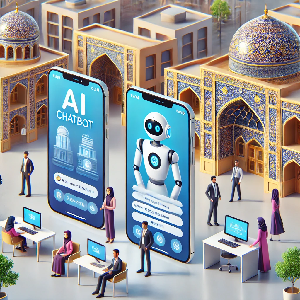 lightweight AI chatbot interface on mobile and desktop devices, fast and minimal design, cartoon style, Iranian color palette, text-free