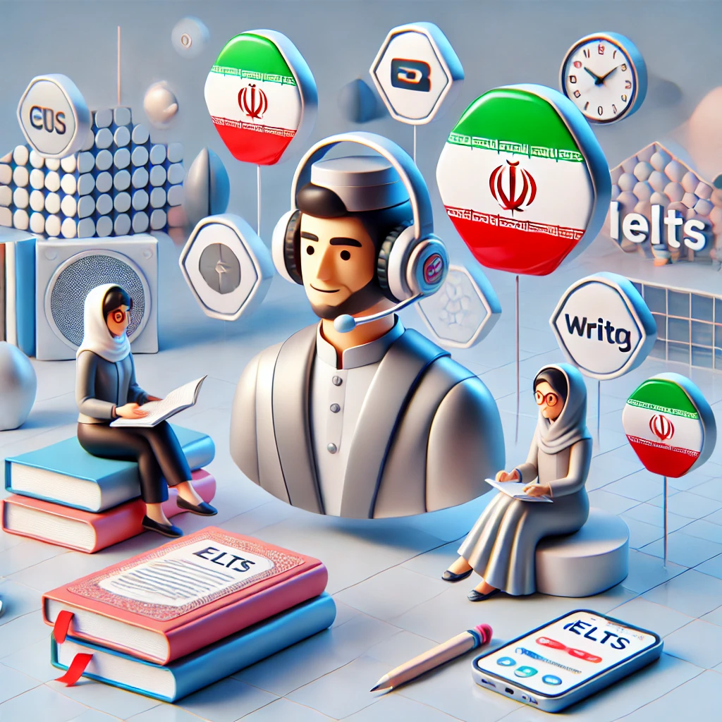 cartoon-style illustration showing IELTS exam elements (listening, reading, writing, speaking)