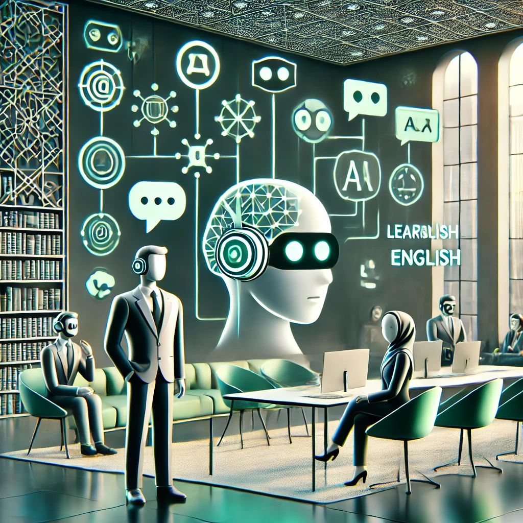 modern illustration of artificial intelligence learning English, animated neural networks, chatbot icons, and language elements, soft green and dark tones, no text